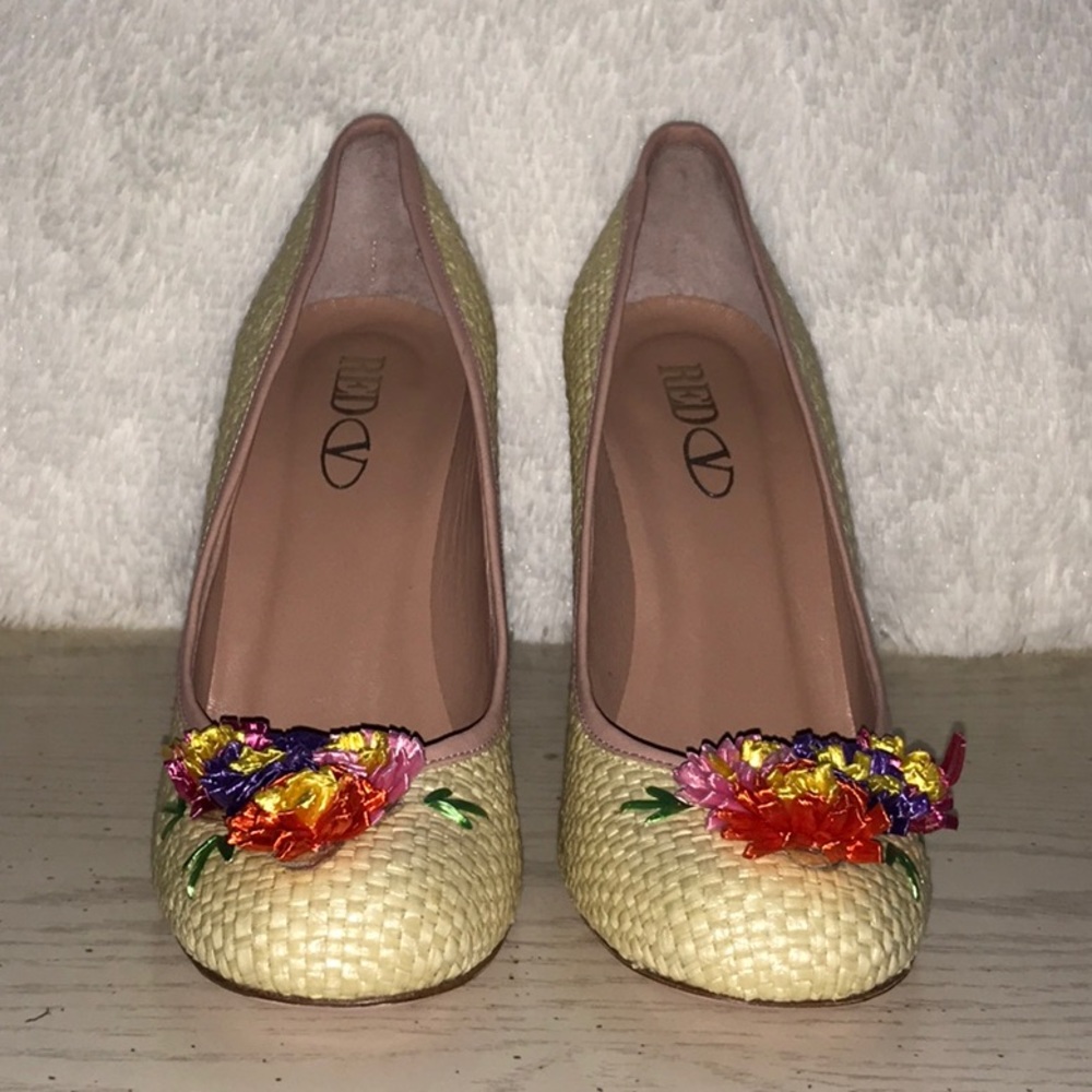RED Valentino Straw weave pumps w/ flower detail